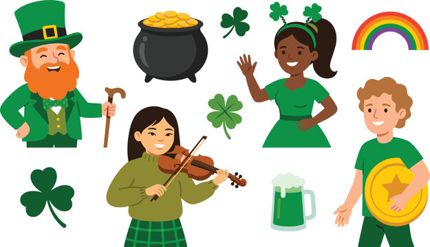 Saint Patricks Day Vector Icon Set with Leprechaun Pot of Gold Shamrock Rainbow People and Beer for Holiday Celebration Design Elements