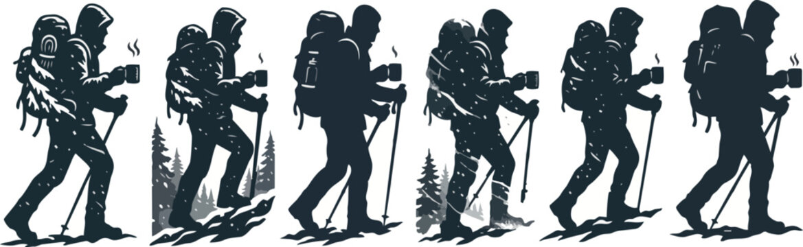 Multiple silhouettes of a determined hiker wearing a heavy backpack and holding a warm mug while trekking through a snowy wilderness environment in this detailed and scalable vector graphic design