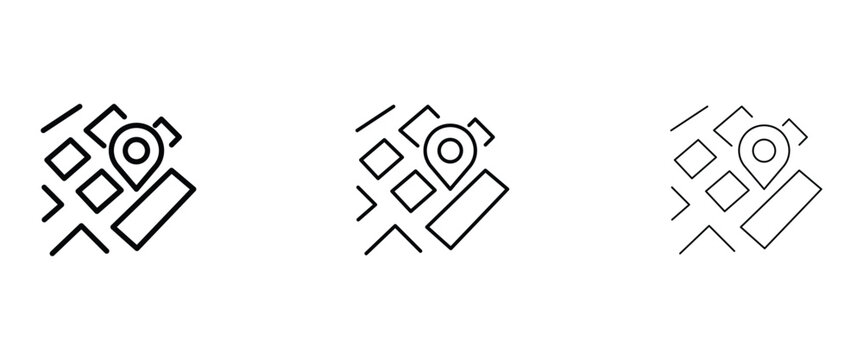 Minimalist map pin icons, navigation location symbols in three stroke weights, vector city guide map markers for web and mobile UI design