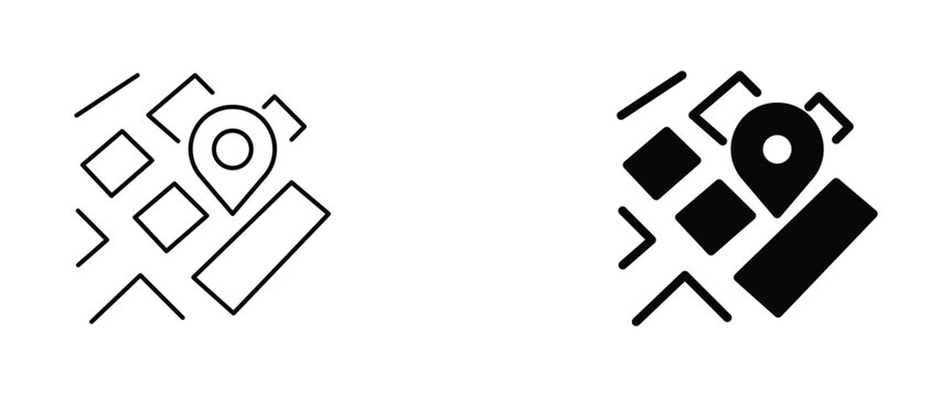 Minimalist map location icons, black line and solid vector map pins, navigation and GPS tracking symbols for mobile apps and web design