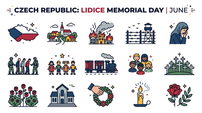 Lidice Memorial Day Czech Republic June Icons Vector