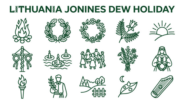 Lithuania Jonines Dew Holiday Vector Icons Set