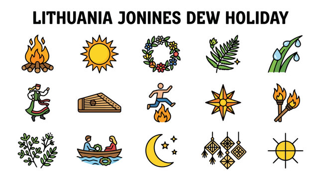 Lithuania Jonines Dew Holiday Icons Set