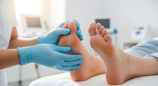 Podiatry foot examination and medical healthcare service. Diabetic foot care and podiatrist checkup. Doctor hands in blue gloves massaging a patient's foot in a clinic.