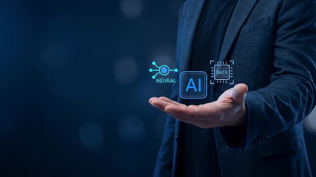 Business professional in dark suit presenting holographic neural chip icon on open palm for artificial intelligence technology and machine learning concept