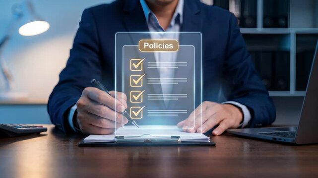 Holographic policies document with checkboxes animating beside business professional signing contract for corporate compliance and regulatory management