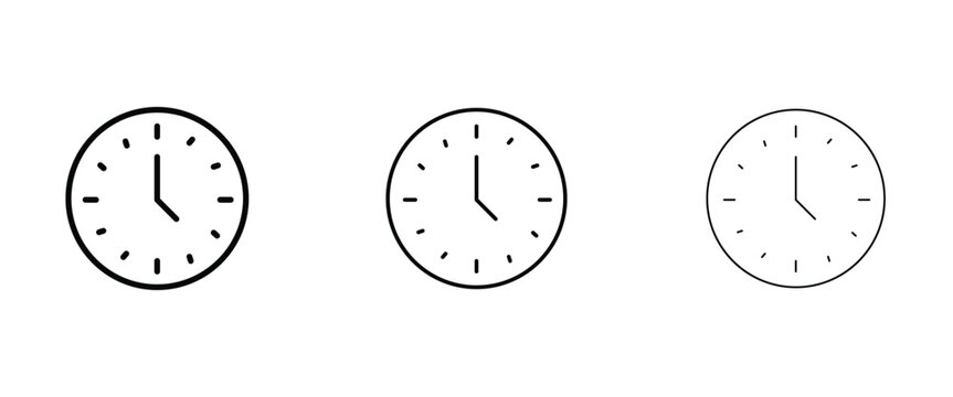 Minimalist clock icon set with three stroke weights, black line art wall clock vector, modern time management symbols for web and app interface design