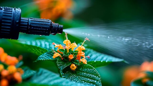 Close-up view of watering orange flowers with a high-pressure garden hose sprayer nozzle. Powerful water mist and splash on green leaves, perfect for gardening commerce and irrigation themes.