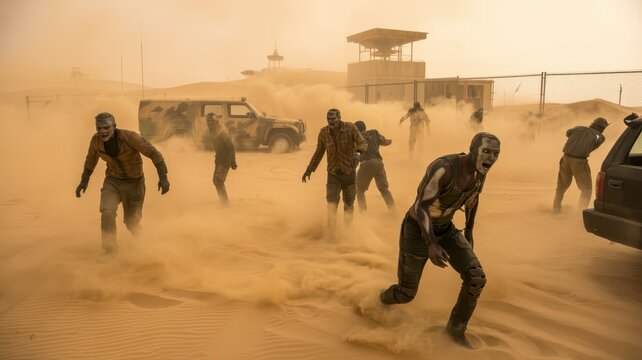 Desert sandstorm engulfs a group of zombies and vehicles near a fortified outpost, post-apocalyptic horror scene