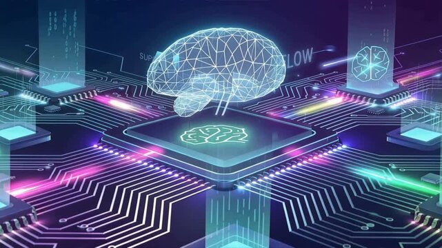 A futuristic digital brain representing artificial intelligence and data flow in a vibrant circuit board design.