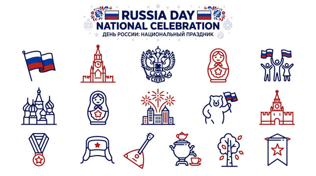 Russia Day National Celebration Icons Vector Set