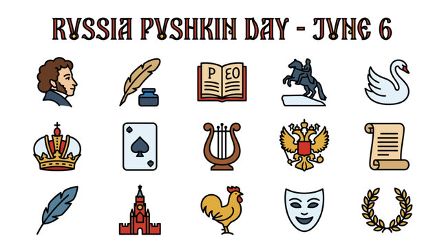 Russia Pushkin Day June 6 Icons: Swan, Book, Crown, Rooster, Kremlin