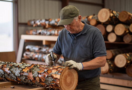 Forest worker measuring log diameter with laser caliper