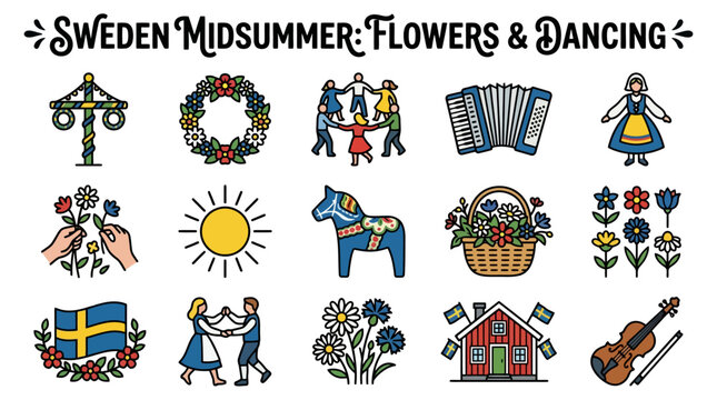 Sweden Midsummer Celebration Icons: Flowers, Dancing, Folk Art