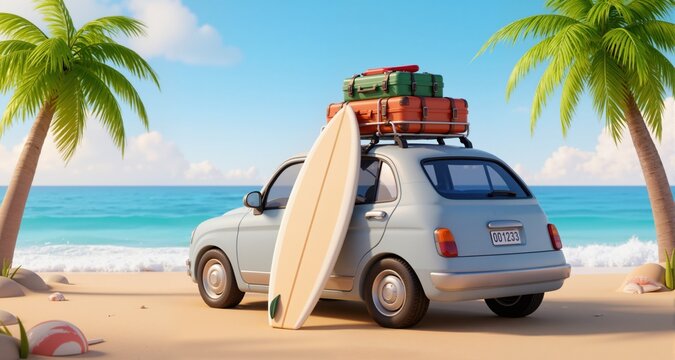 surfboard leaning on the car with luggage on top on the beach in front of the palms and ocean, summer 3D background illustration concept
