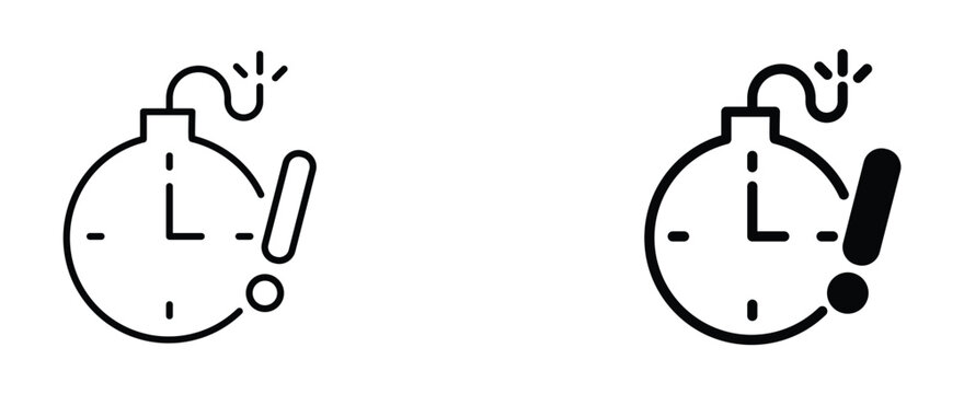 Minimalist time bomb icons with clock face and exclamation mark, black line art ticking bomb vector set, deadline and pressure concept graphics