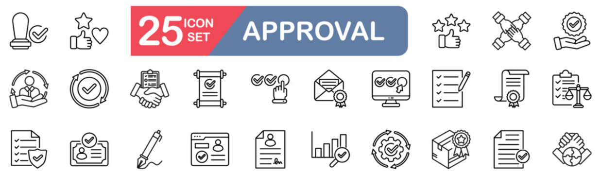 approval set of web icons in line style. vector illustration concept relate to agreements, validation, handshake, confirmation, endorsement