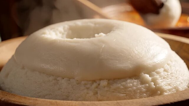Closeup of a traditional African Ugali dish served in a wooden bowl.