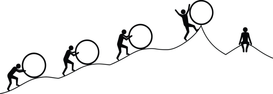 Black silhouettes of people pushing and rolling circles up a hill to the top