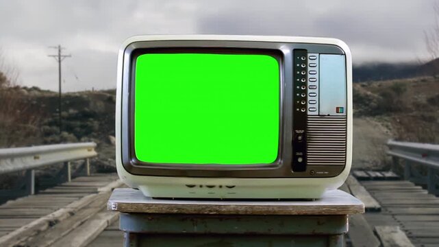 Retro CRT Television Chroma Key Display in Countryside Landscape Background - 4K