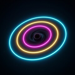 Obraz premium Three equal neon rings balancing a dark gravitational singularity, a futuristic visual metaphor for the 8-8-8 rule and perfect life harmony.