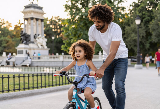 Afro-Latin Dad Teaching Daughter to Ride Bike in Park