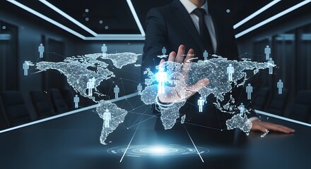 Obraz premium Global business networking and international data connection. World map technology and digital communication. Businessman touching a glowing virtual world map with human icons.