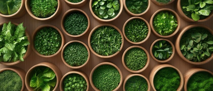 Assortment of green herbs and plants in round wooden bowls arranged on a flat surface, showcasing various textures and sizes of fresh produce.