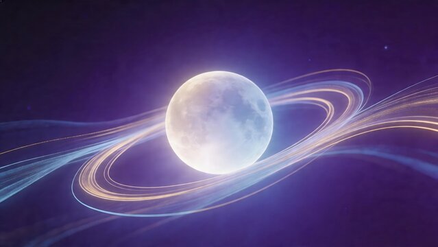 Moon with glowing orbital rings