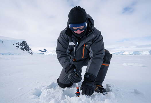Glaciologist Drilling Ice Core in Antarctica