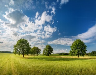 Naklejka premium stunning panoramic photo of a field with trees in summer with blue sky and clouds