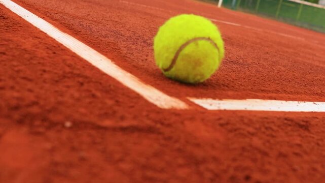 Tennis Ball Resting on Outdoor Clay Court From Low Angle View, Close Up Horizontal Shot of Bright Green Ball on Orange Sand Tennis Surface During Sunny Day, Sports Equipment on Professional Court With