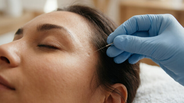 Woman receiving facial threading treatment.