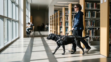 Obraz premium Person walking a black guide dog inside a modern library with sunlight.