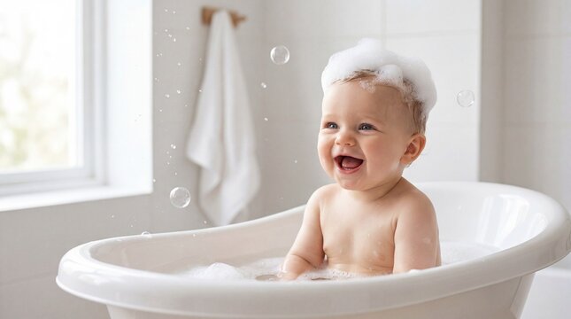 Joyful baby splashing in white bathtub filled with soap suds and bubbles in bright home bathroom capturing precious childhood moment of laughter and play during daily bath time routine
