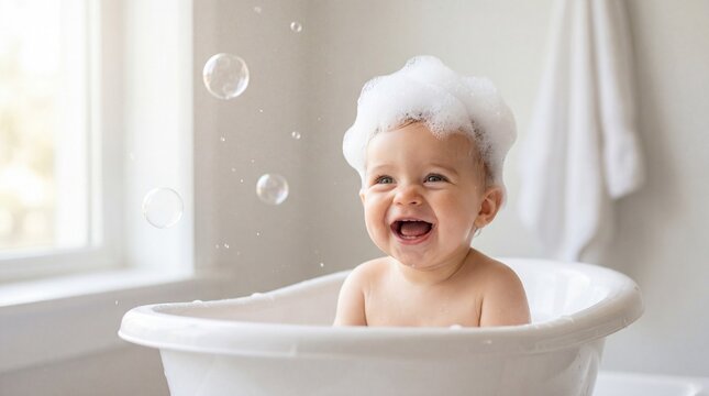 Adorable baby sitting in white bathtub filled with soap bubbles having fun during bath time at home in bright bathroom setting with soft natural light for cheerful family lifestyle imagery