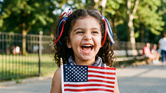 Flag Day patriotic Middle Eastern toddler girl wearing red white blue hair ribbons holding small American flag laughing outdoors for summer celebration social media content