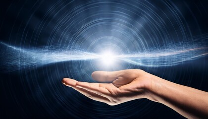 Fototapeta premium hands connect with light symbolizing energy and ai