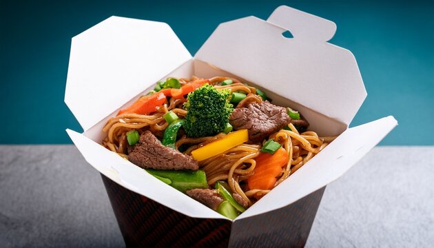 delicious stir fried noodles with beef vegetables and vibrant colors in a takeout box ready to be enjoyed