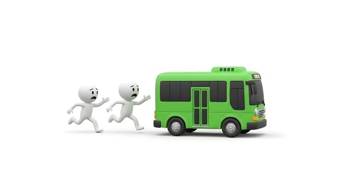 White characters running after a green bus on a white background