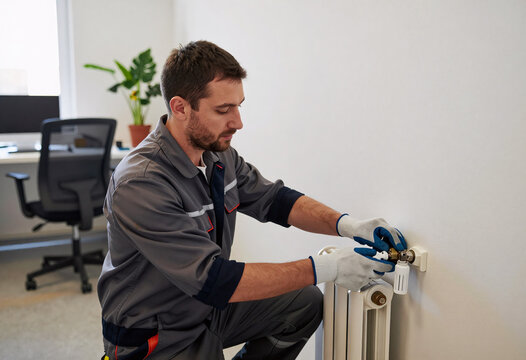 Worker Adjusting Thermostatic Valves on Old Office Radiators