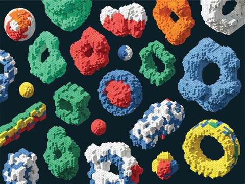 Colorful 3D pixelated geometric shapes and letters on dark background  various objects