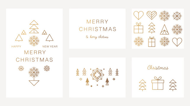 christmas line art set with snowflakes and trees on a beige background