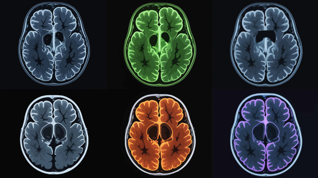 axial brain scans showing different color enhancements on black background