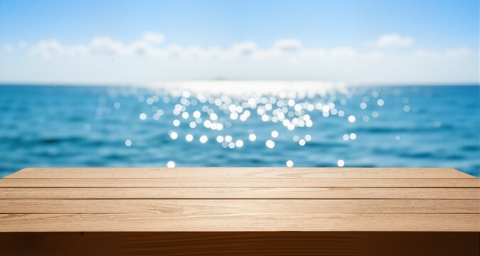 Wood table top on blur sparkling sea water and summer sky background
