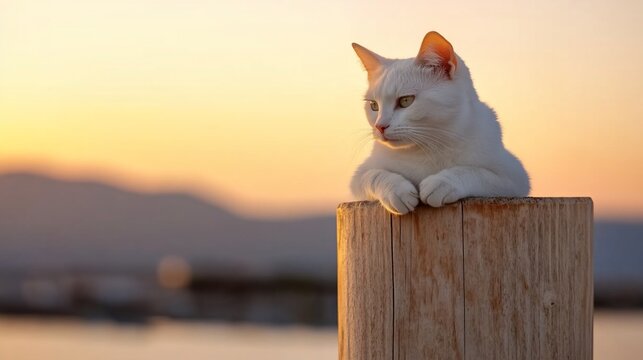 White Cat Resting on Wooden Post Bathed in Golden Sunset Light with Warm Rim Glow.