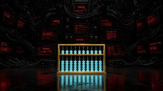 Glowing cyan and gold abacus functioning perfectly in front of a glitching dark supercomputer, representing Shoshin and the beginner's mind.