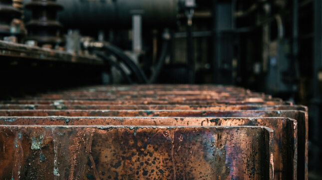 Close up of raw copper cathode plates in industrial metallurgical refinery