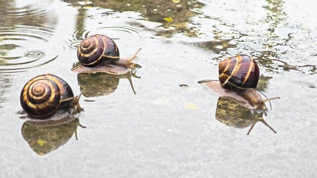 Three brown garden snails crawl on a wet surface. The snails have spiral shells and are surrounded by small puddles of water. The scene is calm and natural.