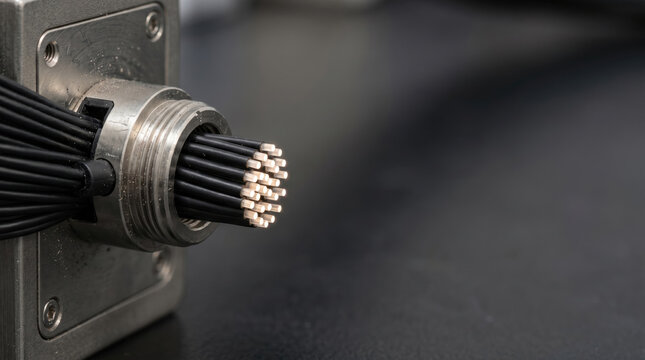 Cross section of high density fiber optic cable bundle in heavy duty metal connector